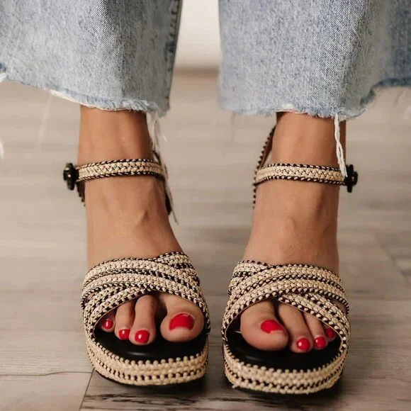 New Open Toe Raffia Espadrille Platform Sandals Mary-Jane Ankle Strap Block Heel - Picture 2 of 8